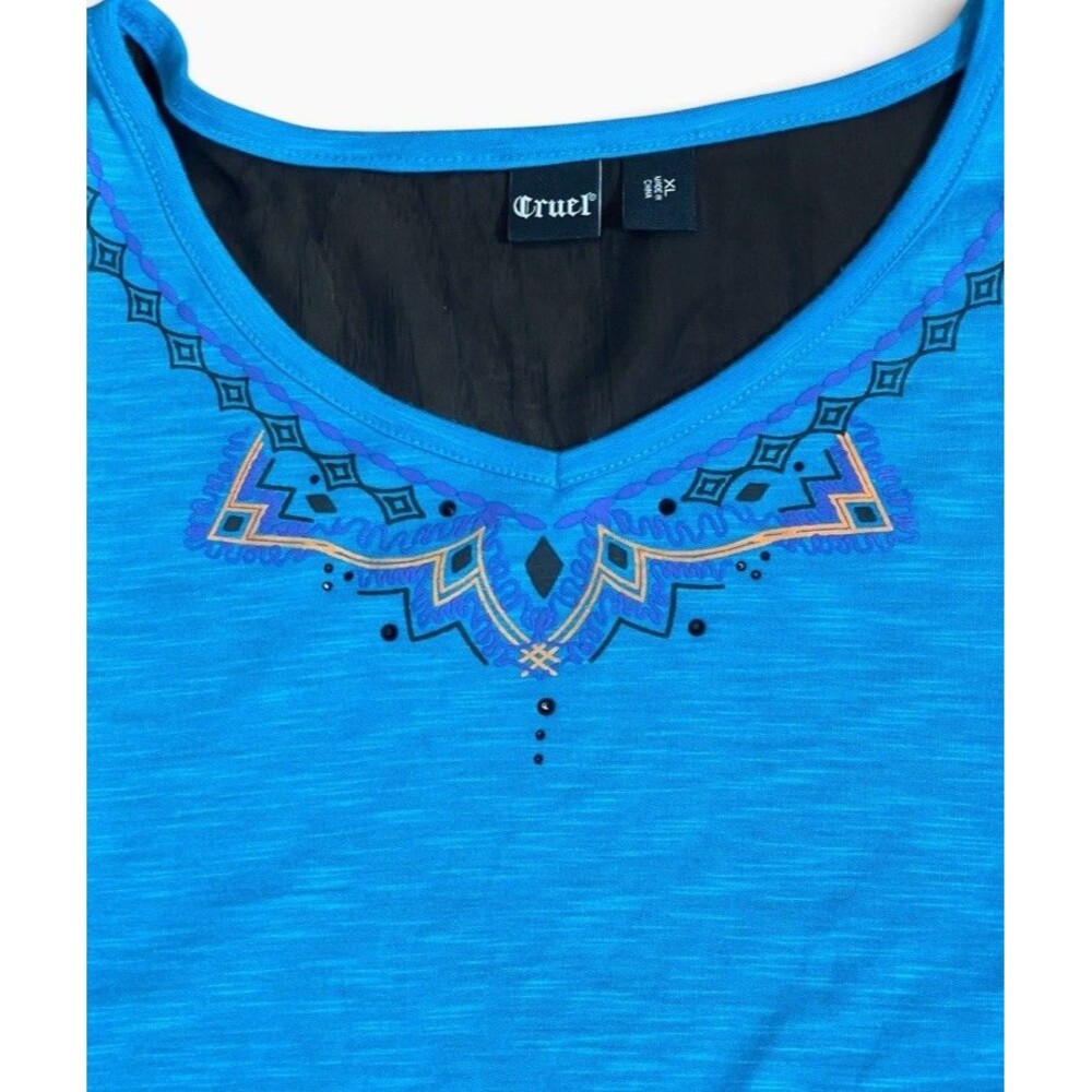 Cruel Women’s Blue XL Polyester Blend Aztec Western Top with sheer back